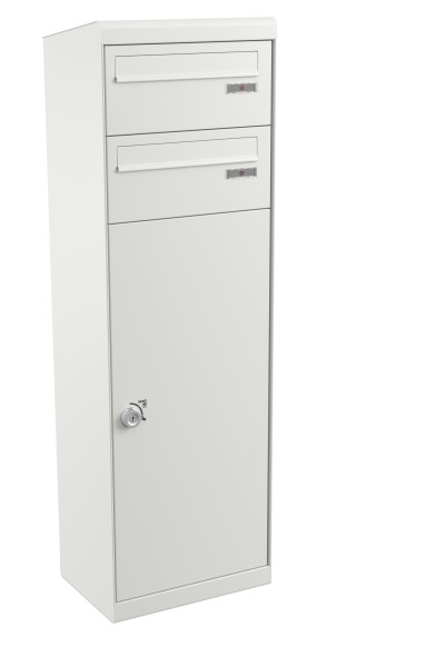 RENZ QUBO L mit zwei Briefkästen (schräges Dach, Entnahme von hinten), Verkehrsweiß