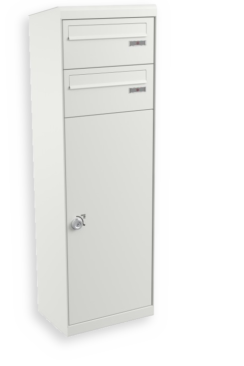 RENZ QUBO L mit zwei Briefkästen (schräges Dach, Entnahme von hinten), Verkehrsweiß