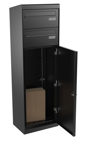 RENZ QUBO L mit zwei Briefkästen (schräges Dach, Entnahme von hinten), Tiefschwarz
