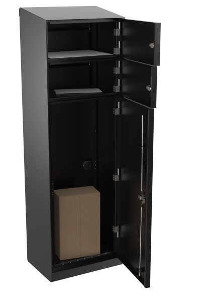 RENZ QUBO L mit zwei Briefkästen (schräges Dach, Entnahme von hinten), Tiefschwarz