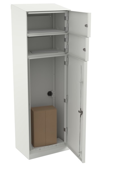RENZ QUBO L mit zwei Briefkästen (schräges Dach, Entnahme von hinten), Verkehrsweiß