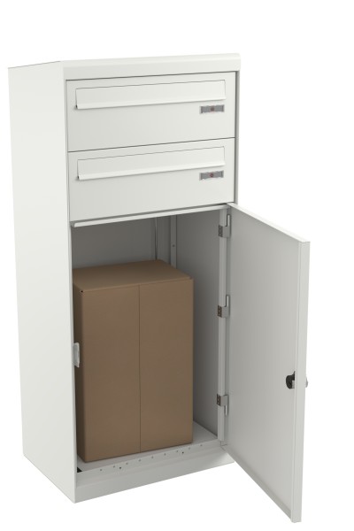 RENZ QUBO XL mit zwei Briefkästen (schräges Dach, Entnahme von hinten), Verkehrsweiß